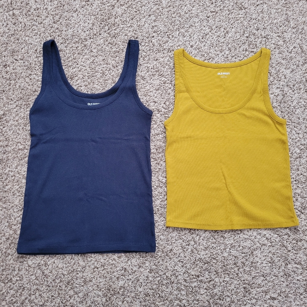 Lot Set Of Navy Tank Top Shirt Navy Blue Mustard Yellow Ribbed Scoop Size Small